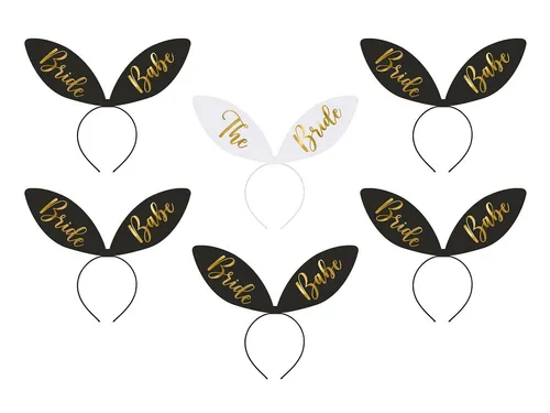 partydeco Haarreif, Haarreif mit Ohren für JGA Bride / Bride Babe 6er Set Schwarz / Weiß