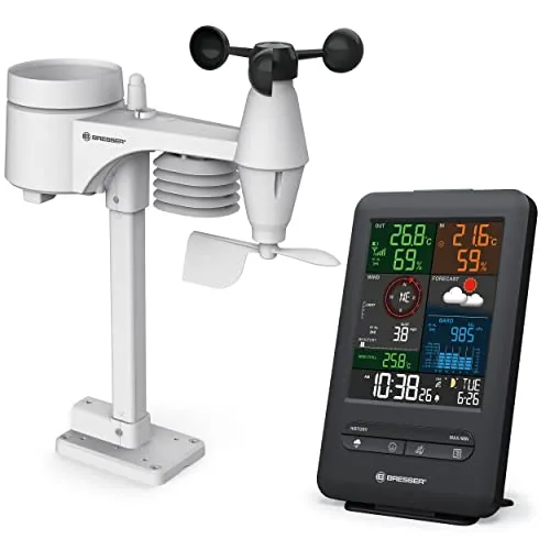 Bresser 7002525 Wetterstation Funk 5-in-1 - Wetterstation mit großem Farbdisplay, misst Temperatur, Luftfeuchtigkeit, Luftdruck und Wind, bietet präzise Wettervorhersagen und historische Daten für Ihr lokales Wetter.