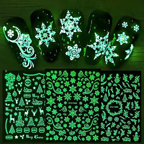 Blatt Nagelsticker Weihnachten Nagelaufkleber Selbstklebend Schneeflocken Reindeer Muster Leuchtend Nail Art Sticker Dekoration Nageldesign Zubehör - Glühen 9