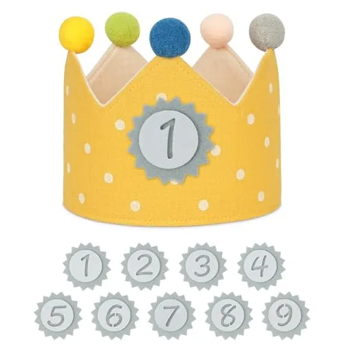 URAQT Geburtstagskrone Kinder, Geburtstagskrone Stoff, Geburtstag Kinderkrone, Krone Geburtstag für Jungs Mädchen mit Happy Birthday Spruchband und Auswechselbaren Zahlen von 1-9 (Dots - Gelb)