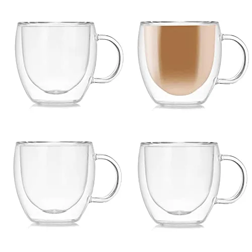 TUIHJA 4er Set doppelwandige Kaffeetassen mit Griff, doppelwandige Glasbecher für Espresso, Latte, Cappuccino (150 ml)