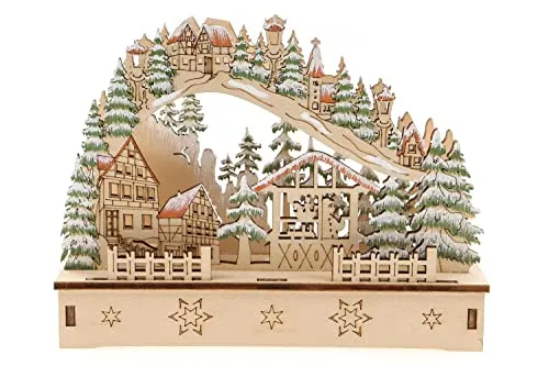 ELLUG 3D Geschwungener Schwibbogen Lichterbogen Holzschnitt Winterdorf aus Holz zum Stellen mit Licht 14,5 * 4,5 * 11cm batteriebetrieben mit On-Off Schalter, Timer Funktion (6h On/18h Off)