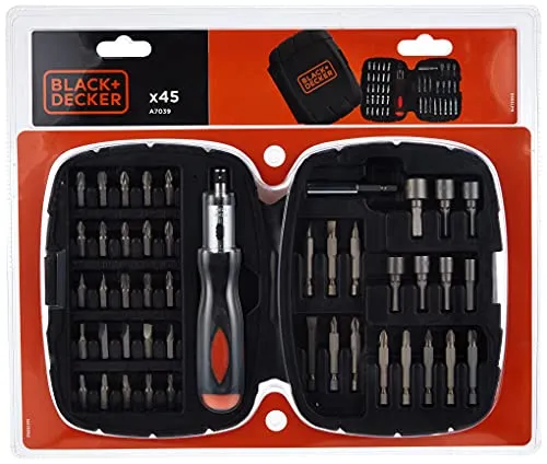 Black+Decker Ratschen-Schraubendreher & Bitset A7039 (45-teilig, 25x Schraubendreher Bits 25mm + 11x Bits 50mm; 7x Stecknüsse 5-11mm, magnetischer Bithalter, Heimwerker geeignet), schwarz