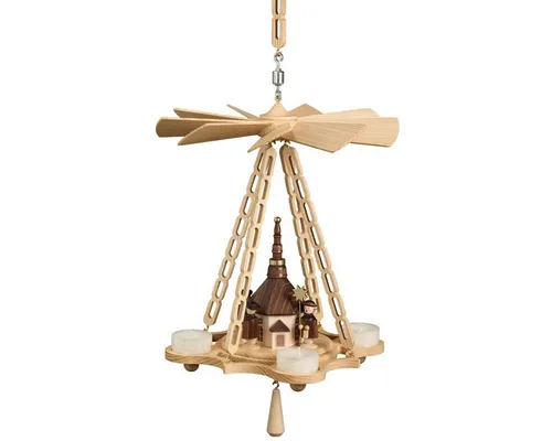 Volkskunstwerkstatt Unger Weihnachtspyramide - Deckenpyramide klein, mit wunderschönem Motiv der Seiffener Kirche für festliche Stimmung