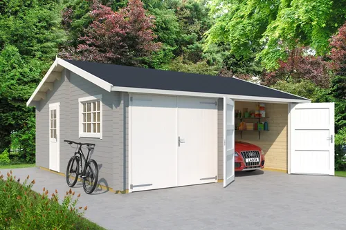 Garage Satteldach 44 mm Falkland mit Holztor grau 595x595 cm