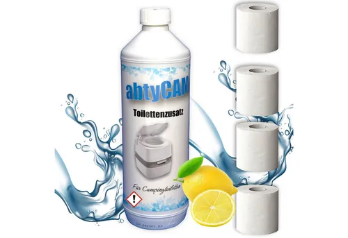 BlueCraft Sanitärflüssigkeit 1 L für mobile Camping Toiletten Sanitärzusatz Campingtoilettenreiniger (Toilettenzusatz WC Konzentrat mit Citronenduft Inkl. 4 Rollen Toilettenpapier, [- Sanitärkonzentrat für Abwassertank Zusatz für Chemietoiletten)