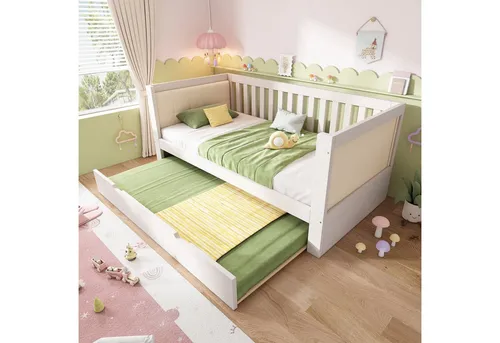 Redom Polsterbett 90x200 cm in Weiß – Flexibles Schlafsystem mit Ausziehbett - Elegantes Polsterbett in Weiß mit 90 x 200 cm Liegefläche und praktischem Ausziehbett für Übernachtungsgäste. Die weiche Polsterung und das harmonische Design sorgen für Komfort und Stil im Schlafzimmer.