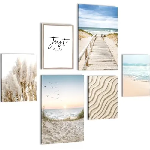 Novart Wandbilder Set Strand und Meer Nordsee - KEIN EXTRA RAHMEN BENÖTIGT - Modern Deko - Wohnzimmer Schlafzimmer Flur N004867a