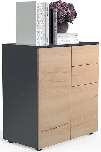 VCM Holz Kommode Dalosa - Sideboard mit 4 Schubladen und Drehtüren, grifflose push-to-open Funktion und stilvolles Anthrazit/Honig-Eiche Design