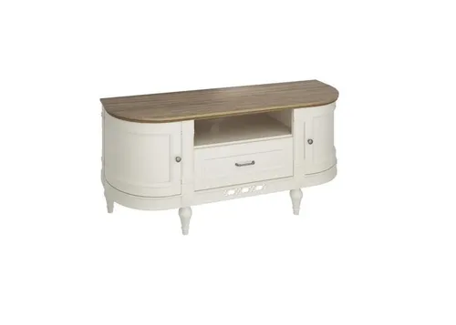 Beige TV-Lowboard Medienkonsole aus Massivholz - Elegantes TV-Lowboard aus hellem Massivholz, 135 cm breit, mit Schublade und Regalfächern. Ideal für Ihr Wohnzimmer, freistehend und im stilvollen Art déco Design.