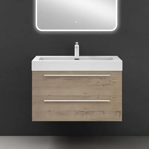 doporro Badmöbel-Set mit Soft-Close in Eiche Greige - Komplettprogramm für Badezimmer mit wandhängendem Unterschrank (90x48x60 cm) und eleganten Mineralguss-Waschbecken. Soft-Close Funktion für leises Schließen und viel Stauraum für Ihre Badutensilien.