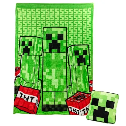 Minecraft Creeper 2-in-1 Kissendecke, offizielles Lizenzprodukt, Microsoft Reisedecke, faltbar, weich, flauschig, Überwurf, kompaktes Design für Wohnzimmer oder Schlafzimmer Dekor