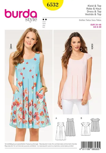 BURDA 6532 Kleid & Oberteil Schnittmuster Größen 8