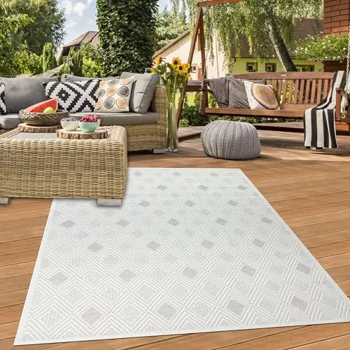 Teppich-Traum Teppich Outdoor Wintergarten Garten Balkon Terrasse witterungsbeständig UV-Beständig robust mit speziellem Rautemuster in Creme, 160 x 230 cm
