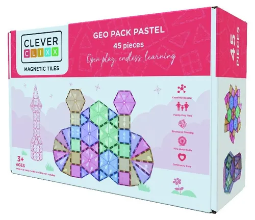 Cleverclixx Geometrie-Bausatz 45 Teile in Pastellfarben - Lernspielzeug aus langlebigen, hochwertigen Materialien. Fördert das Verständnis von Formen und Strukturen – ideal für kreative Bauprojekte ab 3 Jahren.