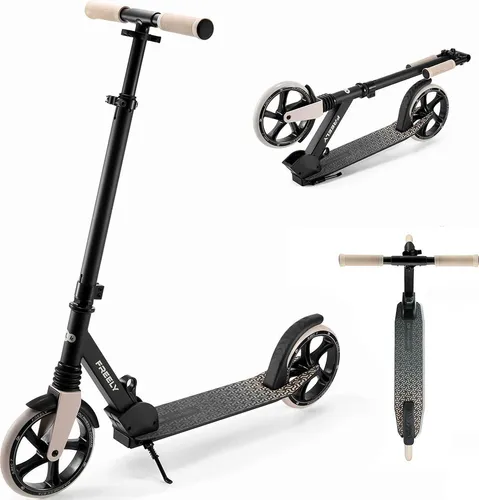 Kinderkraft Scooter Freely Beige - Vielseitiger Klapproller für Kinder ab 5 Jahren und Erwachsene bis 100 kg. Mit rutschfester Plattform, höhenverstellbarem Lenker und einfachem Klappmechanismus für sicheren Fahrspaß und flexibles Transportieren.