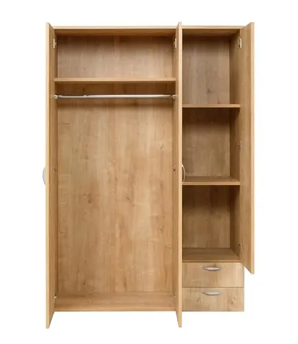 furni24 Kleiderschrank aus Holz 120cm, Garderobenschrank, Mehrzweckschrank, 3-türig mit Haken, 3 Regale und Schubladen, Kleiderbügeln, Saphir Eiche, 120x52x177cm