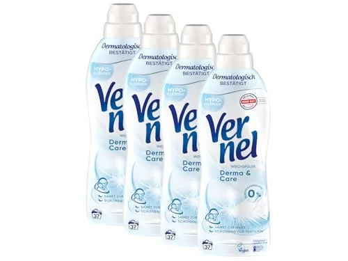 VERNEL Derma & Care Weichspüler 4x 37 WL (148 Waschladungen), hypoallergener & speziell für sensible Haut entwickelter Wäscheduft sorgt für unwiderstehliche Weichheit, recycelbar