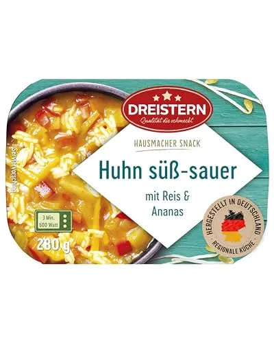 DREISTERN Huhn Süß-Sauer 280g I Mit Ananas & Reis I Herzhaftes Fertiggericht in Mikrowellenschale I Lange Haltbarkeit dank natürlicher Konservierung I Hausmacher Qualität
