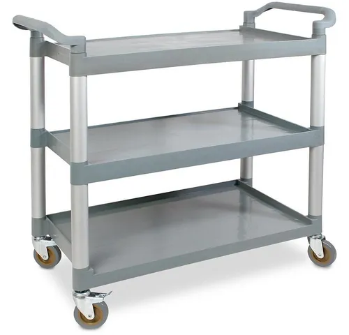 BRB-Lagertechnik Servierwagen, 3 Etagen - Beistellwagen mit stabiler Alu-/Kunststoffkonstruktion, ideal für müheloses Manövrieren dank 4 Lenkrollen, davon 2 mit Feststellbremse.