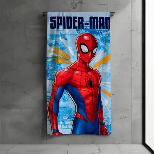 SUN CITY Spiderman Kinder Badetuch, Strandtuch, 100% Baumwolle, 140x70 cm, saugfähig, für Bad, Strand oder See (Hellblau)