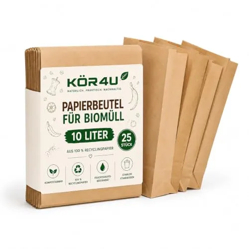 kör4u Biomüllbeutel Papier 10 Liter, 25 Stück, kompostierbar | Reißfest & nassfest