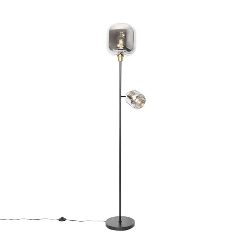 Qazqa Modern Stehlampe schwarz mit Gold - Zuzanna, 2 Lichter - Standleuchten & Deckenfluter, elegantes Design mit dimmbaren E14 Fassungen, ideal für Wohnzimmer oder Schlafzimmer, schafft eine gemütliche Atmosphäre.