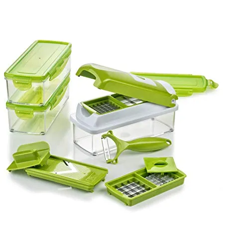 Genius Nicer Dicer Smart | 13-teiliges Multischneider-Set - Gemüsehobel mit extrem scharfen Edelstahlmessern, vielseitigen Schneidvariationen und praktischem Auffangbehälter für müheloses Schneiden, Aufbewahren und Frischhalten.