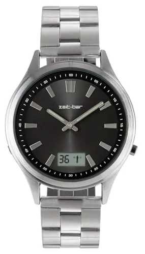 Zeit-Bar Funk-Armbanduhr Herren - Funkgesteuerte Armbanduhr mit analoger und digitaler Anzeige, exakte Zeit dank deutscher Technologie, wasserdicht bis 5 bar, inkl. Geschenketui und Batterie.