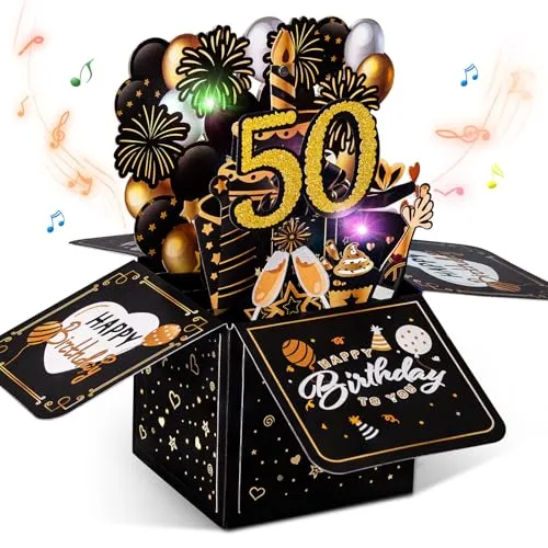 Joyoldelf 50 Geburtstagskarte mit Musik - 3D Pop Up Karte für einen unvergesslichen 50. Geburtstag - Grußkarten mit interaktiven Lichtern und Musik, die beim Öffnen eine Überraschung bieten und für bleibende Erinnerungen sorgen.