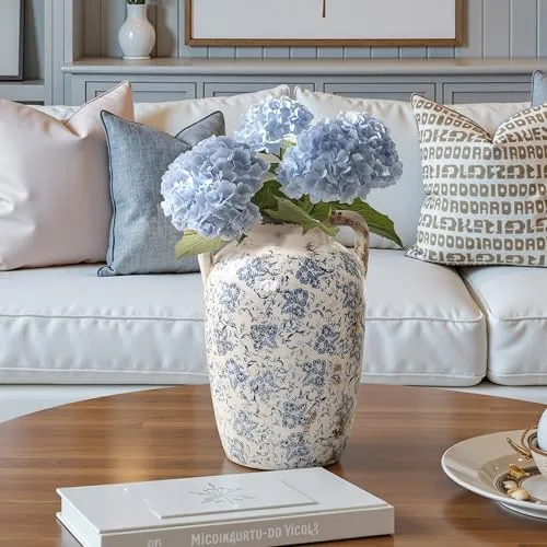 Hometopia Vintage Keramik vase mit Henkel - 29 cm Groß Dekovasen, Blau Weiße Blumenvase für tischdeko