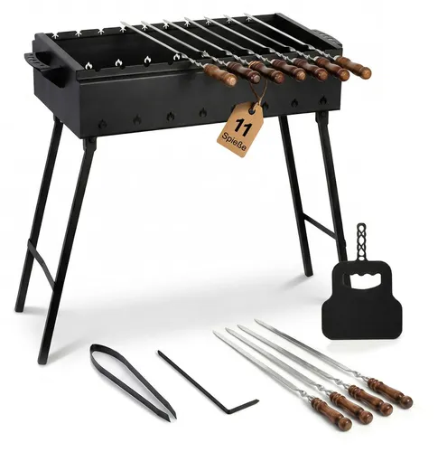 Klappbarer Schaschlikgrill aus 2 mm Stahl – BBQ Mangal mit 11 Edelstahlspießen für Picknick und Camping