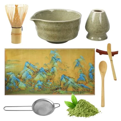Matcha-Set,8 Piece Matcha Besen Set,Matcha Schale mit Auslauf Japanisches Matcha Tea Set Matcha Besenhalter, Sieb, Schaufel, Tea Set,Teetuchunterlage,Für Teeliebhaber Anfänger