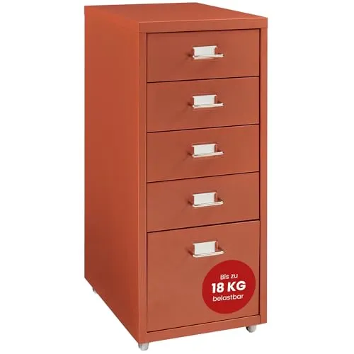 Rollcontainer Kökar - Schubladenschrank mit 5 Schubladen in Ziegelrot - Aktenschrank mit 5 Schubladen, mobil durch Rollen und mit robustem Stahl für eine langlebige Nutzung. Ideal zur organisierten Aufbewahrung im Büro oder Homeoffice.