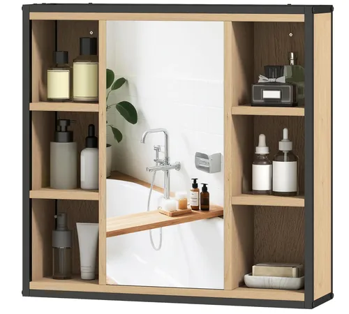 Badezimmer-Spiegelschrank, 6 offene Fächer, 3-stufiges Regal, Wandmontage