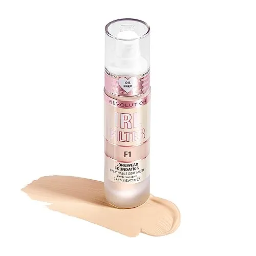 Makeup Revolution, IRL Filter, Foundation mit langer Haltbarkeit, mittlere bis volle Deckkraft, mattes Finish, 16 Stunden Haltbarkeit, F1, helle Hauttöne, 23ml