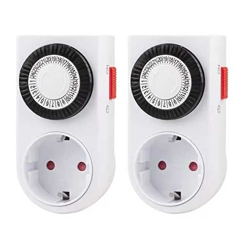 Mechanische Zeitschaltuhr Steckdose, HBN 2er Set Tageszeitschaltuhr Analoge Zeitschalt-Steckdose für Innenbereich 24-Stunden-Programm, 30 Min. Intervall Timer, 16A/3600W