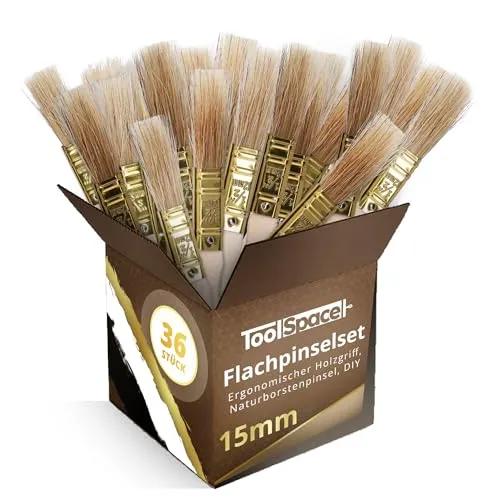 ToolSpace Pinselset Flachpinsel Set 36er Borstenpinsel 15 mm Flachpinsel-Set Naturborsten Pinsel Holz Griff Lackierpinsel Malerpinsel Lasurpinsel Streichen Wänden Malerbedarf Wandfarbe Streichpinsel