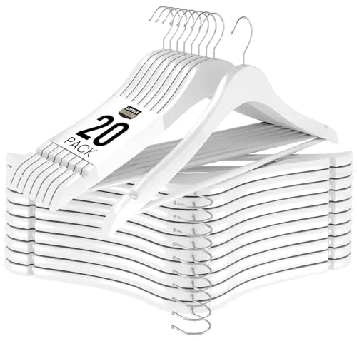 Utopia Home 20er Pack Holzbügel mit Hosenstange und Schulterrillen, stabiles und schlankes Design für Mäntel, Anzüge, Hosen und Jacken, Weiß
