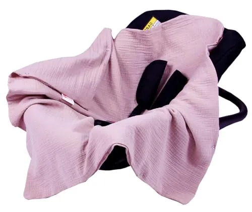 Babylux Einschlagdecke für Babyschale Autositz 80x80 cm – Sommer Babydecke aus Musselin Baumwolle – Atmungsaktiv, mit Gurtschlitzen (Rosa)