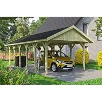 Satteldach-Carport Wallgau 430 x 900 cm mit schwarzen Schindeln - Robuster Einzelcarport aus imprägniertem Holz, ideal für Fahrzeuge bis 200 kg/m² Schneelast. Mit 12 stabilen Pfosten und witterungsbeständigem Dach für optimalen Schutz.
