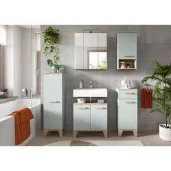 xonox.home 5-tlg. Badkombination mit LED-Spiegelschrank – Hellgrün und Eiche hell - Komplettes 5-teiliges Badmöbel-Set in Hellgrün und Eiche hell. Bietet optimalen Stauraum und modernes Design. Pflegeleicht und ideal für die Organisation Ihres Badezimmers.