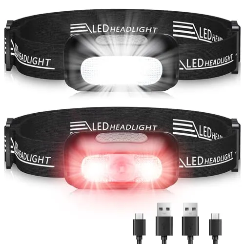 EOIWUY Stirnlampe [2 Stück], Stirnlampe LED Wiederaufladbar Superhelle mit 5 Modi, Weißes und Rotes Licht & IPX4 Wasserdicht, 60° Verstellbare Kopflampe Suchscheinwerfer für Joggen/Camping/Erwachsene