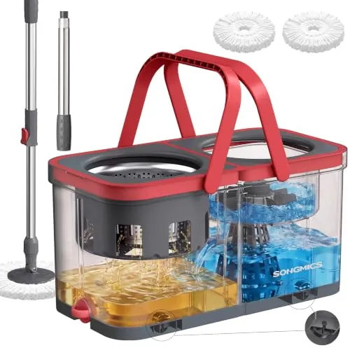 SONGMICS Wischmopp mit Eimer und Rollen, 4-Kammer-System zur Wassertrennung