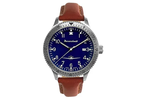 Messerschmitt Quarzuhr ME-108DR-L - Elegante Armbanduhr mit kobaltblauem Zifferblatt und orangefarbenem Lederarmband, 5 bar wasserdicht und Made in Germany – ideal für stilbewusste Träger.