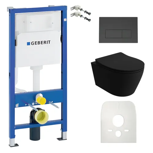 GEBERIT Geberit Duofix Basic Vorwandelement + Wand-WC Tiefspül Praia Becken Schwarz Spülrandlos + Bedienplatte Delta 25 für Doppelspülung