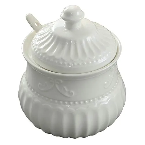 TAMUME Porzellan-Zuckerdose mit Deckel, Französischer Landhausstil mit Geprägtem Motiv (Zucker)