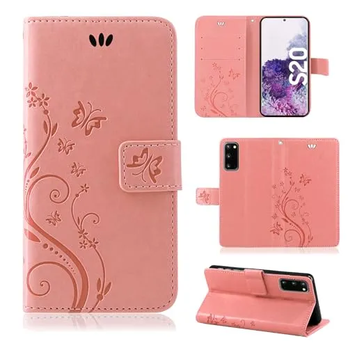 Hülle Kompatibel mit Samsung Galaxy S20 | Klapphülle Schutzhülle mit Kartenfächer Kompatibel für Galaxy S20 | Magnetverschluss Klapphülle | Rosegold