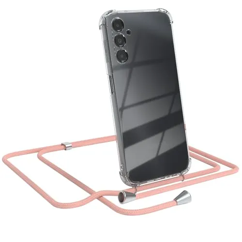 EAZY CASE Handykette kompatibel mit Galaxy A14 5G Handyhülle mit Umhängeband, Handykordel mit Schutzhülle, Silikonhülle, Hülle mit Band, Stylische Kette für Smartphones, Alt Rosa - Clips Silber