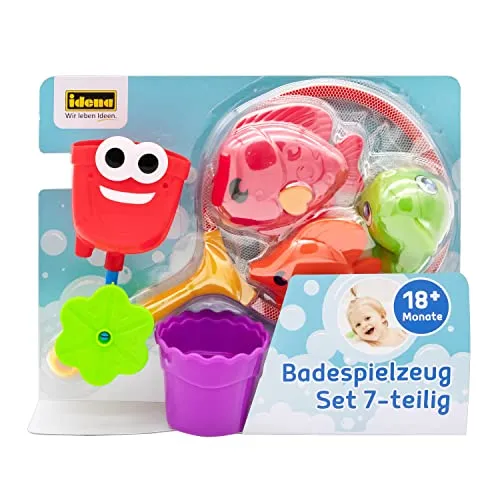 Idena - Badespielzeug Set für Kinder, 6-teiliges Wasserspielzeug in transparenter Tasche mit Fischen, Fischernetz und Wasserbechern